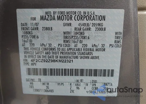 2008 Mazda Tribute I Sport из США, поврежденный, VIN 4F2CZ92Z98KM22321